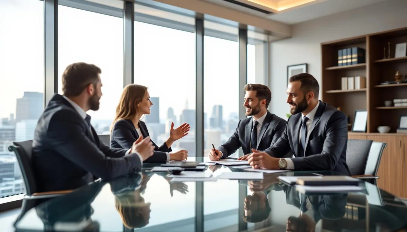 A group of professional attorneys is meeting with clients in a modern law office, discussing personal injury claims and providing legal representation for accident victims. The atmosphere is collaborative, highlighting the law firm's commitment to helping clients recover fair compensation for serious injuries and navigate the complexities of personal injury law.